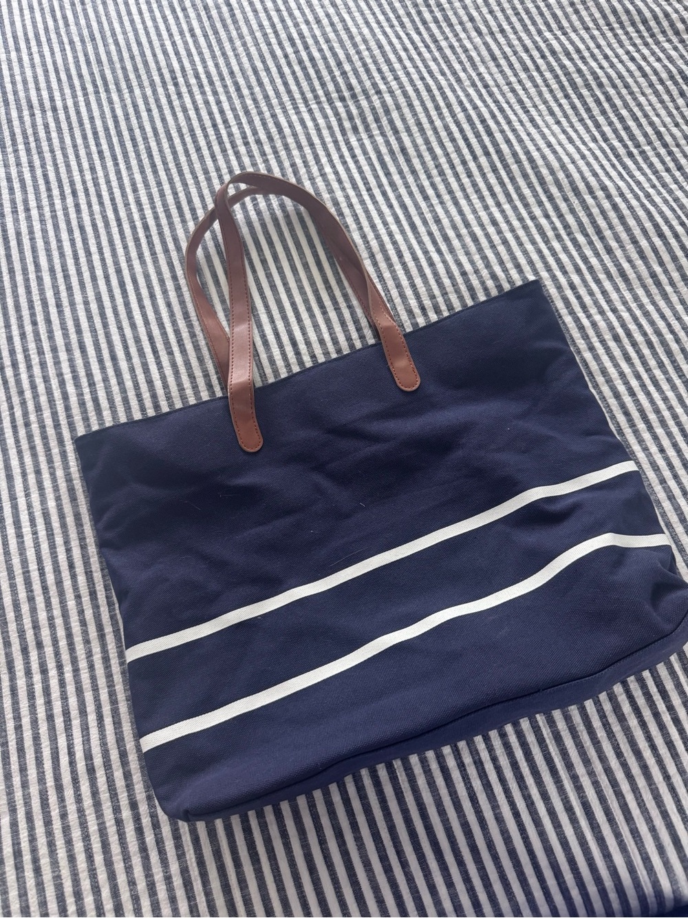 Navy Canvas Stripe Tote Bag with Brown Handles